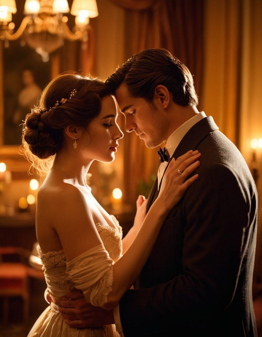 A captivating and seductive film scene featuring a beautifully lit, intimate setting with elegant furnishings and soft candlelight. Show a couple engaging in a passionate and artistic embrace, gracefully depicting emotion and connection. Include subtle hints of film equipment, like a vintage camera, to highlight the artistry of filmmaking. The color palette should be rich and warm, evoking desire and allure. super-realistic. vibrant colors. soft focus.