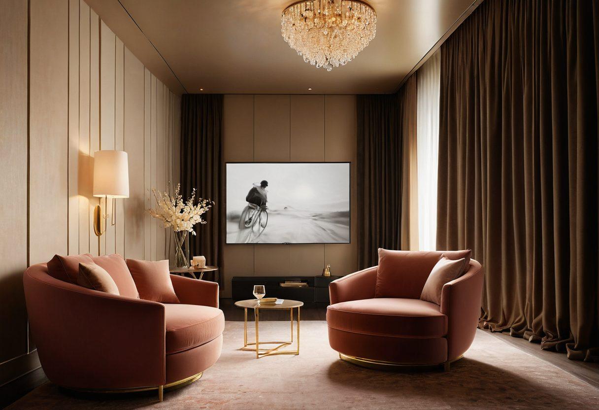 A captivating film reel surrounded by soft, ethereal light, showcasing iconic scenes from adult cinema, blurred for artistic effect. Add an inviting armchair and sensual, draped fabrics in rich colors, hinting at intimacy and allure. Include a subtle glow reflecting off a glass of champagne, symbolizing celebration and exploration. Artistic, soft-focus style, with warm tones and dreamy lighting.