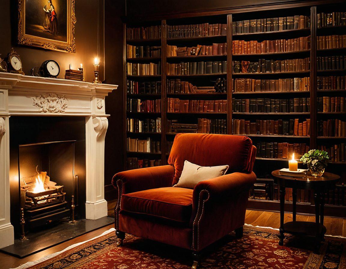 A sophisticated, dimly lit room showcasing an elegant, velvet-lined armchair facing a vintage recording device, with soft candlelight flickering. In the background, bookshelves filled with tasteful literature on intimacy and relationships create a warm atmosphere. Subtle hints of sensual art adorn the walls, inviting exploration of mature themes. The color palette should be rich and deep, evoking a feeling of intimacy and intrigue. oil painting. warm tones. romantic ambiance.